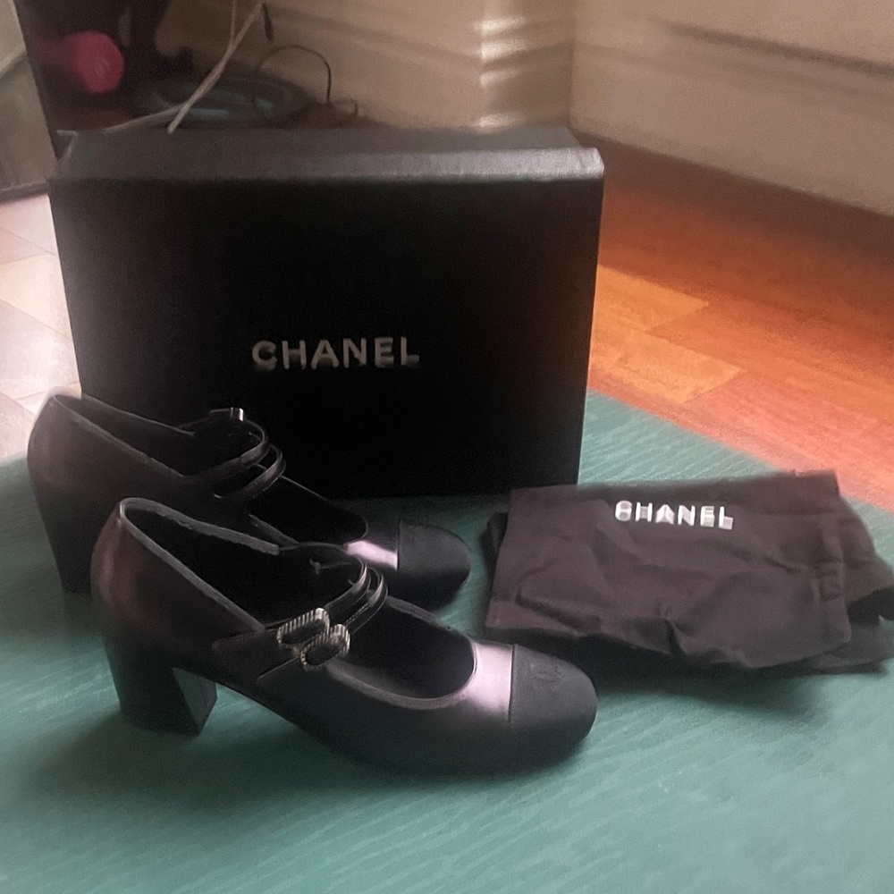 Chanel Women's Black Leather Mary Jane Heels With Pearl Buckles